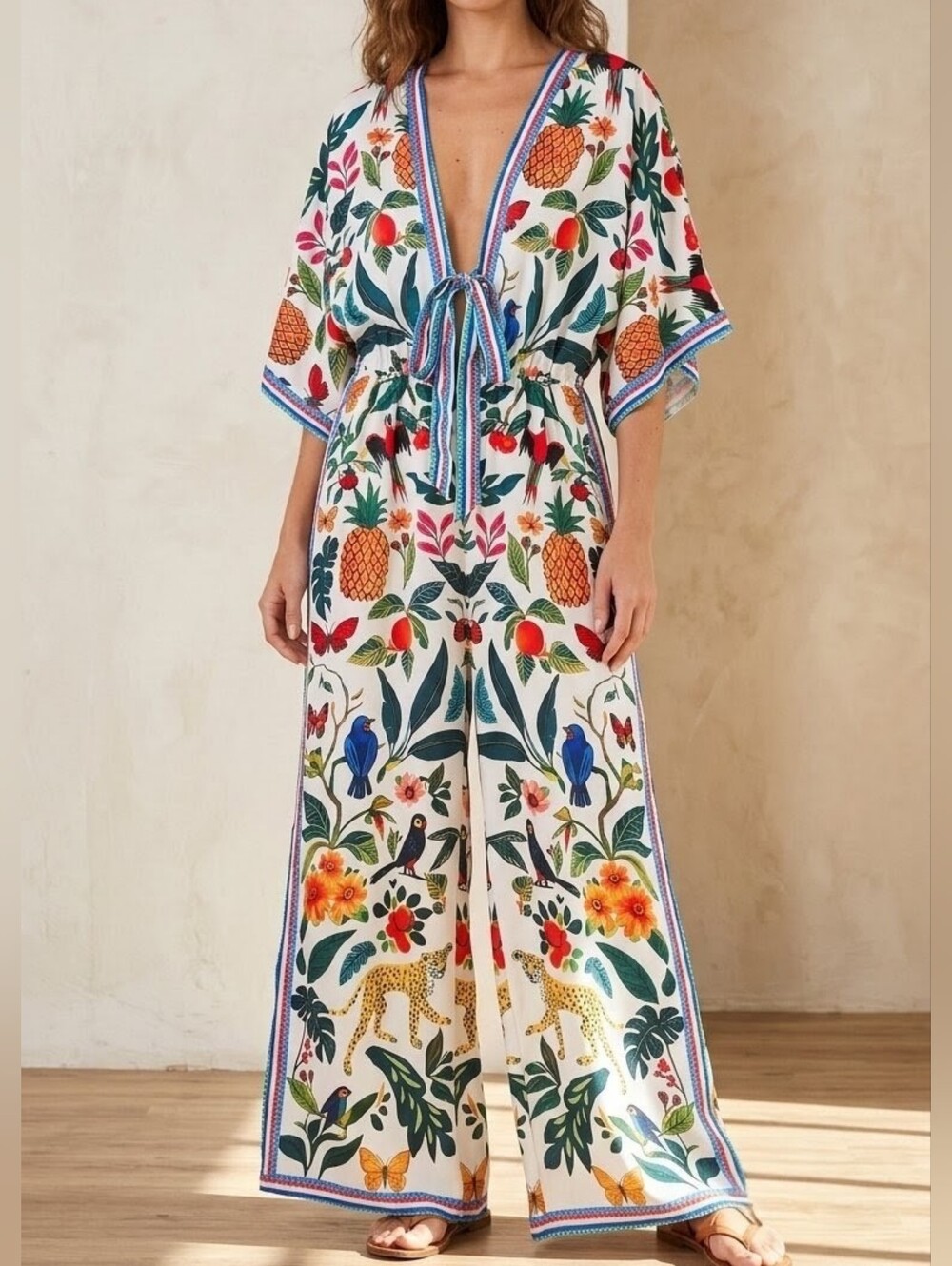 Tropical Print Kimono Sleeve Wide Leg Jumpsuit Tie Front Sz XXL / US 14 / NWT